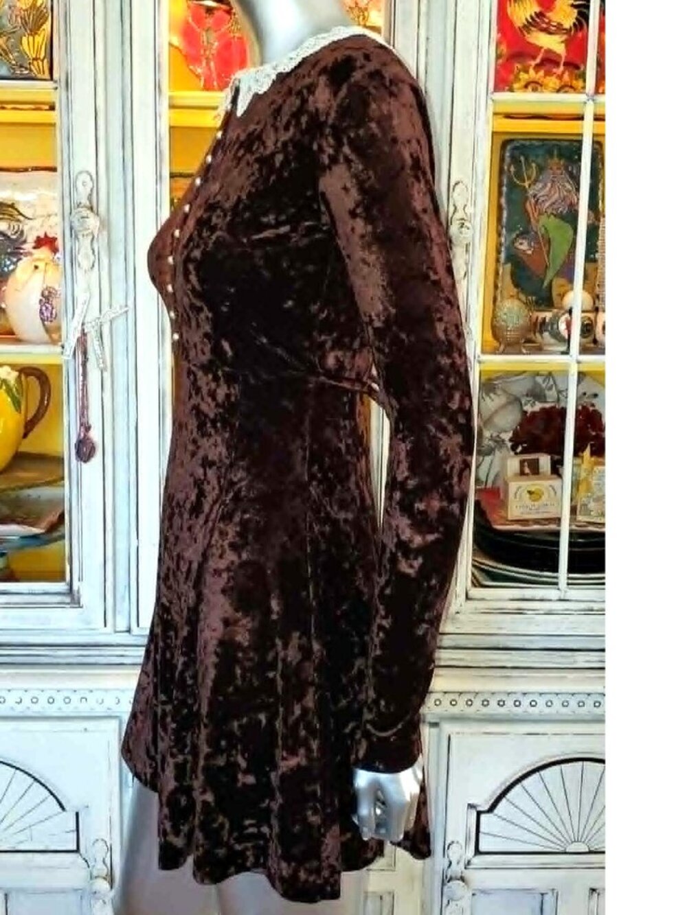 Vintage Betsey Johnson 90s Y2K Brown Crushed Velvet Victorian Pearl Skater Dress - Picture 9 of 15